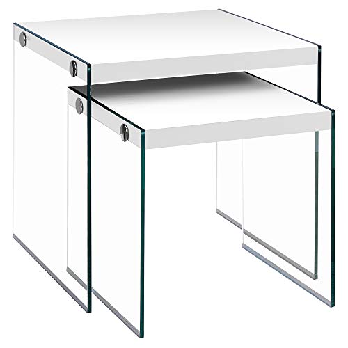 Product Cover Monarch Specialties I 3287 Glossy White/Tempered Glass 2-Piece Nesting Table Set