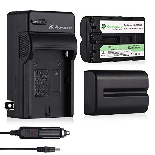 Product Cover Powerextra 2 Pcs Replacement Sony NP-FM500H Battery and Travel Charger Compatible with Sony Alpha SLT-A57, A58, A65V, A77V, A99V, A77V, A77II, A350, A450, A500, A550, A700, A850, A900, CLM-V55
