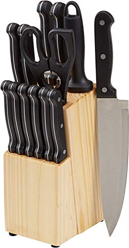 Product Cover AmazonBasics Stainless Steel Knife Set with High-Carbon Blades and Pine Wood Block, 14 Pieces