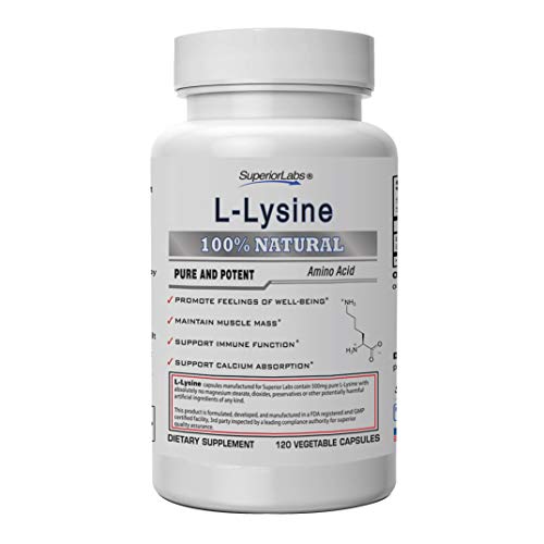 Product Cover Superior Labs - Best L-Lysine NonGMO - Dietary Supplement -500 mg Pure Active L-Lysine - 120 Vegetable Capsules - Supports Calcium Absorption - Immune System & Respiratory Health Support