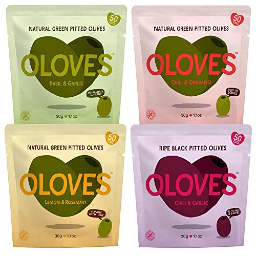 Product Cover OLOVES Natural Whole Pitted Olives | 24 Pack Variety | Basil & Garlic, Chili & Oregano, Lemon & Rosemary | Vegan, Kosher, Gluten Free + Keto Friendly Healthy Snacks