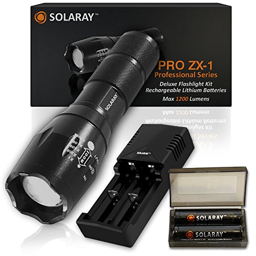 Product Cover SOLARAY Handheld LED Tactical Flashlight - Professional Series ZX-1 Kit - Super Bright Flashlights High Lumen - 5 Light Modes, Adjustable Focus, Outdoor Water Resistant - Rechargeable Battery, Charger