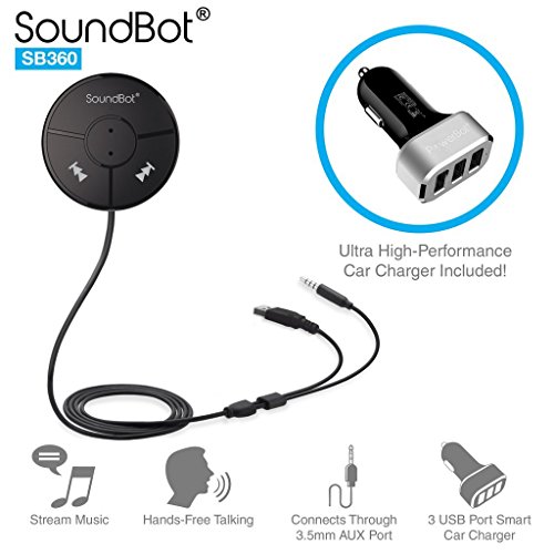 Product Cover SoundBot SB360 Bluetooth 4.0 Car Kit Hands-Free Wireless Talking & Music Streaming Dongle w/ 10W Dual Port 2.1A USB Charger + Magnetic Mounts + Built-in 3.5mm Aux Cable