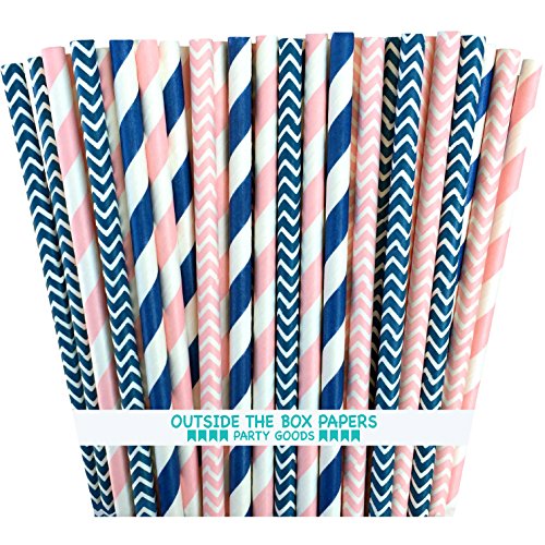 Product Cover Outside the Box Papers Pink and Navy Blue Chevron and Stripe Paper Straws 7.75 Inches 100 Pack Pink, Navy Blue, White