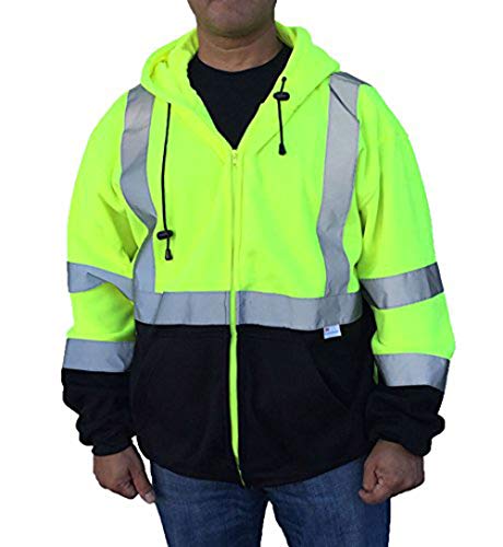 Product Cover 3C Products SAJ6700, ANSI/ISEA Class 3, Men's Safety Fleece Hoodie Jacket, Reflective, Pockets, Neon Green w/Black Bottom