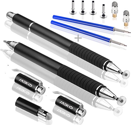 Product Cover MEKO 3-in-1 Precision Series Disc Stylus Pen, 6-Inch (2 Piece) with 4 Pieces Disc, 2 Pieces Fiber Tip and 2 Pieces Refill Ink - Black/Black