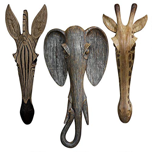 Product Cover Design Toscano Animal Masks of The Savannah, Giraffe Zebra and Elephant Wall Sculptures Exotic African Decor, 16 Inch, Set of Three, Full Color