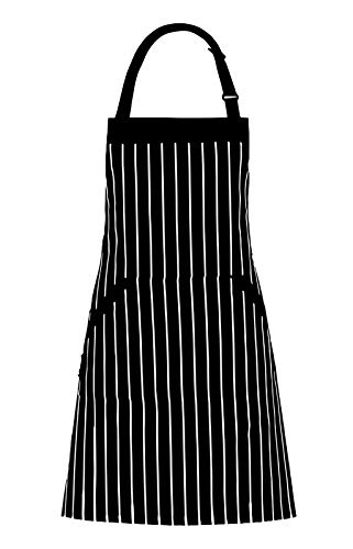 Product Cover Adjustable Bib Apron with Pockets - Extra Long Ties, Commercial Grade, Unisex - Black/White Pinstripe (33 x 27 Inches) - Homwe