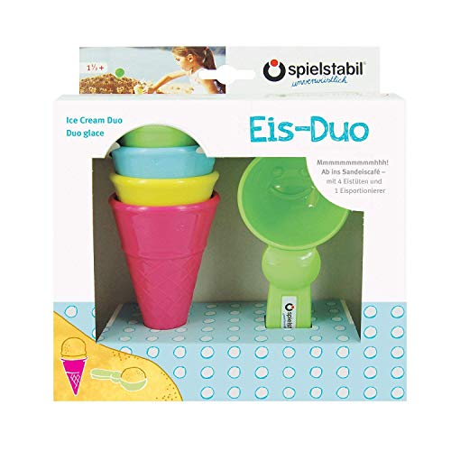 Product Cover Spielstabil Ice Cream Duo Play Set with 4 Plastic Cones and 1 Scoop Mold for Use in The Sand or with Real Food (Made in Germany)