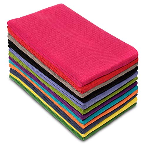 Product Cover Cotton Craft 12 Pack Multicolor Kitchen Towels 16x28 Inches- Pure Cotton, Absorbent Waffle Weave