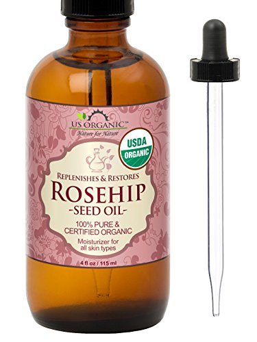 Product Cover US Organic Rosehip Seed Oil, USDA Certified Organic, Amber Glass Bottle and Glass Eye Dropper for Easy Application - 120 ml