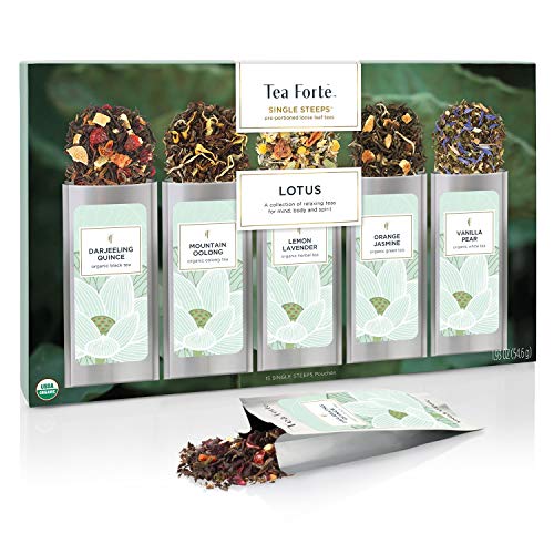 Product Cover Tea Forte Lotus Single Steeps Organic Loose Leaf Tea Sampler, 15 Single Serve Pouches - Black Tea, Green Tea, Oolong Tea, White Tea, Herbal Tea