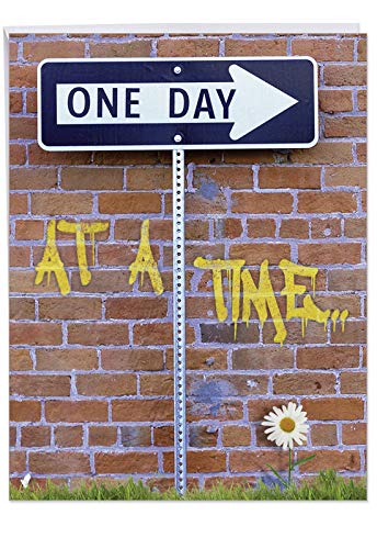 Product Cover One Day At A Time - Funny Alcoholics Anonymous Anniversary Card with Envelope (Big 8.5 x 11 Inch) - AA Meeting Humor, Happy Anniversary Greeting Notecard for Wife, Husband - Gratitude Gift J9707