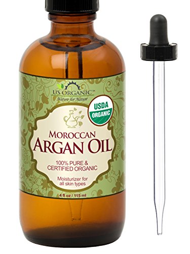 Product Cover US Organic Moroccan Argan Oil, USDA Certified Organic,100% Pure & Natural, Cold Pressed Virgin, Unrefined, 4 Oz in Amber Glass Bottle with Glass Eye Dropper for Easy Application. Origin_Morocco