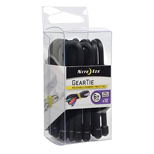 Product Cover Nite Ize Original Gear Tie, Reusable Rubber Twist Tie, 6-Inch, Black, 12 Count Pro Pack, Made in the USA