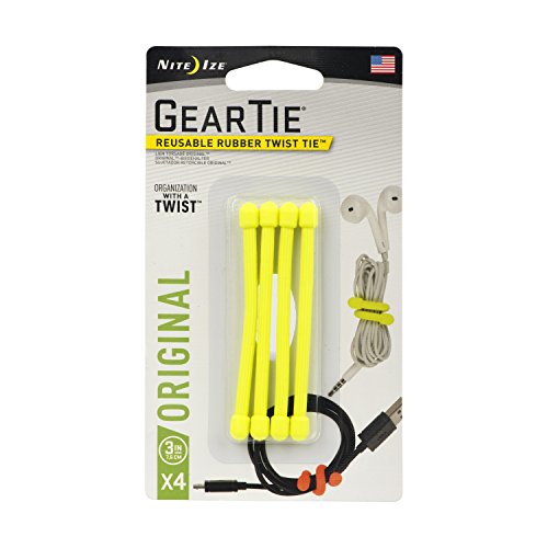 Product Cover Nite Ize Original Gear Tie, Reusable Rubber Twist Tie, 3-Inch, Neon Yellow, 4 Pack, Made in the USA