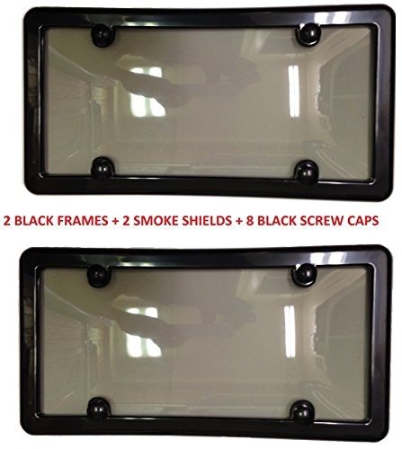Product Cover 2 UNBREAKABLE TINTED SMOKE LICENSE PLATE SHIELD COVER + 2 BLACK FRAMES + 8 BLACK SCREW CAPS