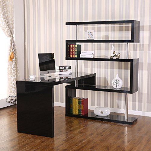 Product Cover HomCom Rotating Home Office Corner Desk and Storage Shelf Combo - Black