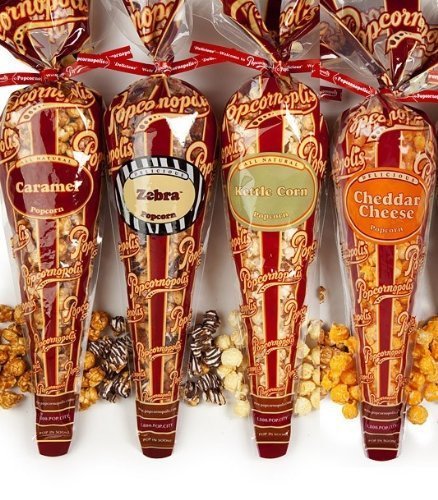 Product Cover Popcornopolis Gourmet Popcorn - 4 Cones - Cheddar Cheese, Zebra, Caramel & Kettle - Small Storage Space Friendly!