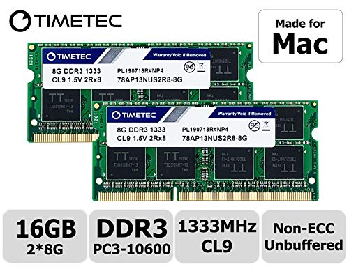 Product Cover Timetec Hynix IC Apple Compatible 16GB Kit (2x8GB) DDR3 1333MHz PC3-10600 SODIMM Memory Upgrade For MacBook Pro 13-inch /15-inch /17-inch Early/Late 2011, iMac 21.5-inch Mid/Late 2011,27-inch Mid 2010/2011, Mac mini Mid 2011/ Server (16GB K