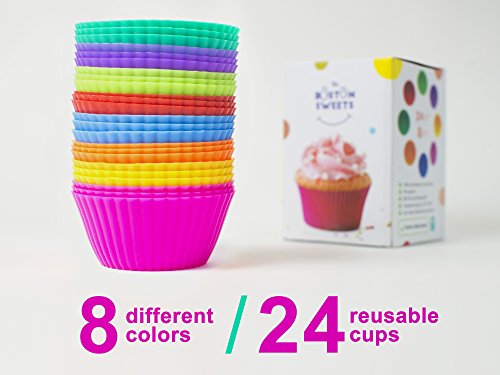 Product Cover The Boston Sweets Silicone Cupcake Liners - 24 Pack Baking Cups- EIGHT colors - Reusable & Nonstick Muffin Molds - Cupcake Holders Gift set - Pink Purple Blue Red Green Fun Green Yellow Orange Muffin