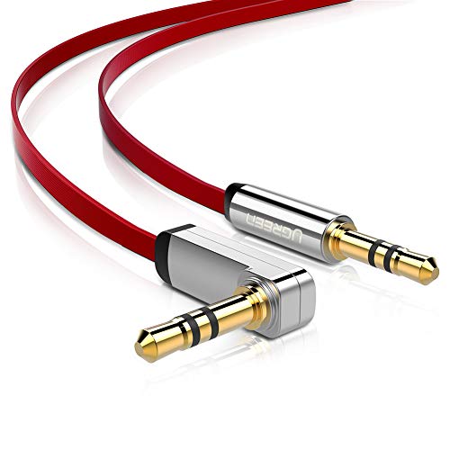 Product Cover UGREEN Audio Cable 3.5mm Auxiliary Stereo Male to Male Cable Cord Flat 90 Degree Right Angle Aux Cable for iPhone, iPad or Smartphones, Tablets, Media Players, Speakers (Red, 1.5ft)