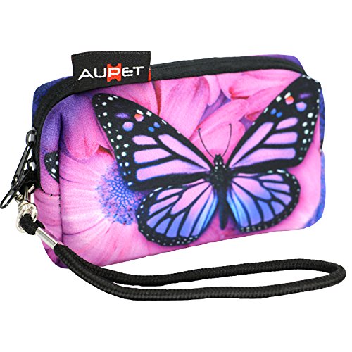 Product Cover AUPET Purple Butterfly Design Digital Camera Case Bag Pouch Coin Purse with Strap for Sony Samsung Nikon Canon Kodak