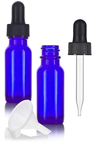 Product Cover Cobalt Blue 0.5 oz / 15 ml Glass Boston Round Dropper Bottle (2 Pack) + Funnel and Labels