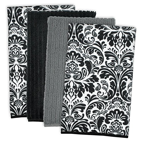 Product Cover DII Microfiber Multi-Purpose Cleaning Towels Perfect for Kitchens, Dishes, Car, Dusting, Drying Rags, 16 x 19, Set of 4 - Black Damask