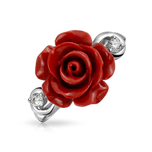 Product Cover CZ Accent Flower Fashion Red Craved Rose Statement Ring For Women For Teen 925 Sterling Silver
