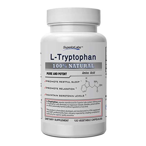 Product Cover Superior Labs - Pure L-Tryptophan - 500mg, 120 Vegetable Capsules - Non-GMO Dietary Supplement - Restful Sleep & Relaxation - Maintains Serotonin Levels - Helps Improve Circulation & Reduce Stress.