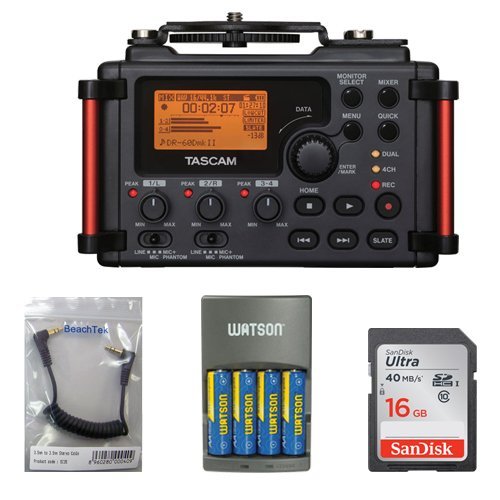 Product Cover Tascam DR-60DmkII 4-Channel Portable Recorder for DSLR KIT + 16GB SDHC Memory Card Ultra + BeachTek SC35 3.5mm Stereo Output Cable + Watson 4-Hour Rapid Charger with 4 AA NiMH Rechargeable Batteries (2300mAh)