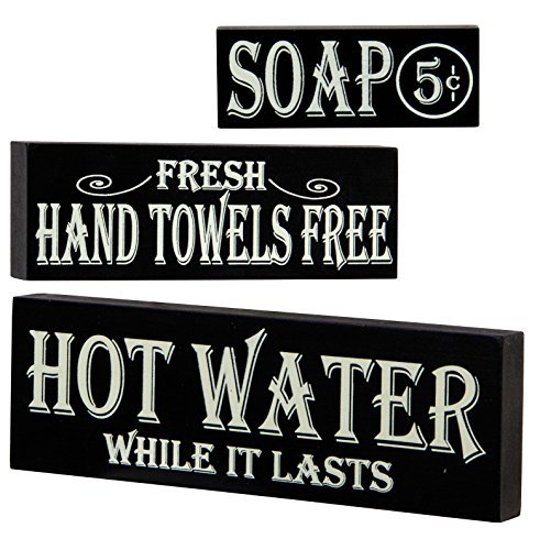 Product Cover Hot Water, Hand Towels, Soap Lot of 3 Small Wood Block Signs Rustic Bath Country Vintage Look