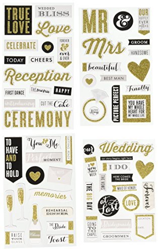 Product Cover Me & My Big Ideas mambiChips Chipboard Stickers - Scrapbooking Supplies - Our Wedding Theme - Metallic Glitter, Gold & Black - Great for Projects, Scrapbooks & Albums - 4 Sheets, 61 Stickers Total
