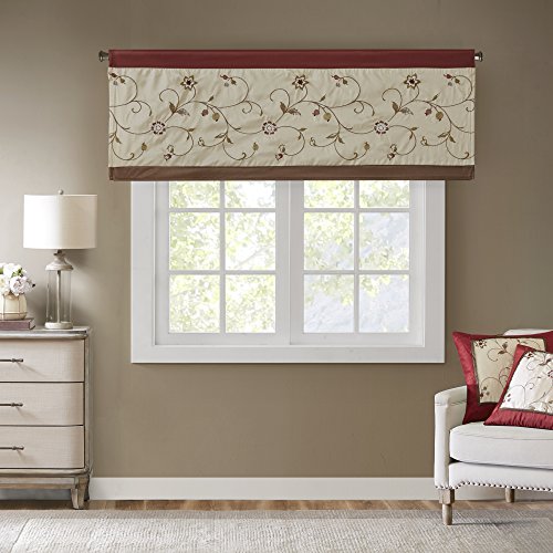 Product Cover Serene Embroidered Floral Valance, Rod Pocket Red Valances for Windows, 50X18, Ivory/Red