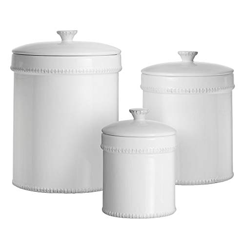 Product Cover American Atelier Bianca Dash Canister Set 3-Piece Ceramic Jars in 30oz, 70oz and 122oz Chic Design with Lids for Cookies, Candy, Coffee, Flour, Sugar, Rice, Pasta, Cereal & More White,
