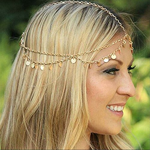 Product Cover Aukmla Gold Small Coins Hair Chain Boho Festival Wedding Headpiece Head Chain Spring Summer Christmas Headchain Gold Hair Jewelry for Women and Girls