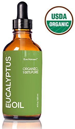 Product Cover 4oz USDA Organic Eucalyptus Oil by Eve Hansen 100% Pure & Certified with Glass Dropper - SEE RESULTS OR MONEY-BACK - Great natural remedy to combat respiratory problems (cold, cough, runny nose, sore throat, asthma, bronchitis and more); to