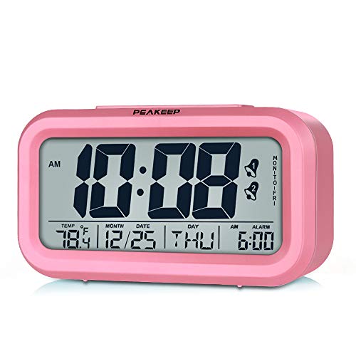 Product Cover Peakeep Digital Alarm Clock with 2 Alarms for Workdays, Indoor Temperature and Smart Night Light, Battery Operated Only (Pink)