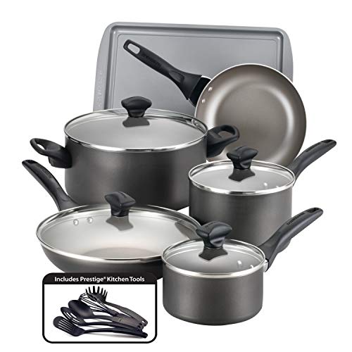Product Cover Farberware 21896 Dishwasher Safe Nonstick Cookware Pots and Pans Set, 15 Piece, Pewter