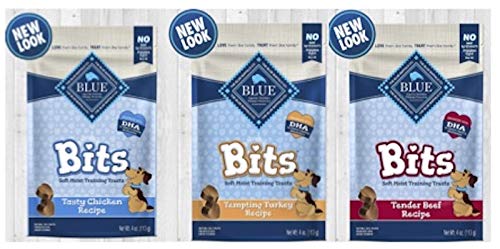 Product Cover Blue Buffalo Blue Bits Natural Soft Moist Training Treats For Dogs 3 Flavor Variety Bundle: (1) Blue Bits Tender Beef Recipe Treats, (1) Blue Bits Tasty Chicken Recipe Treats, and (1) Blue Bits Tempting Turkey Recipe Treats, 4 Oz. Ea. (3 Ba
