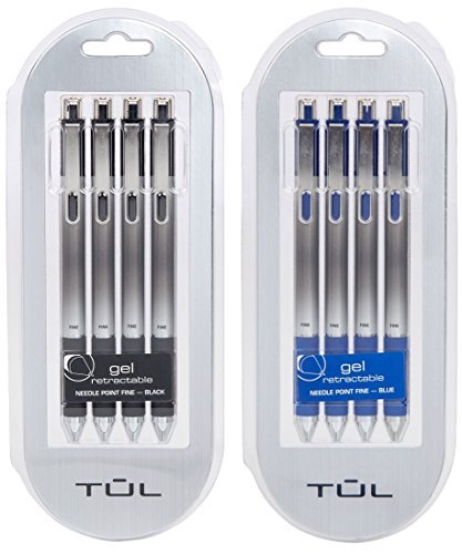 Product Cover TUL Retractable Gel Pens 0.5mm Needle Point Fine, Black/Blue Bundle (2 4-packs)