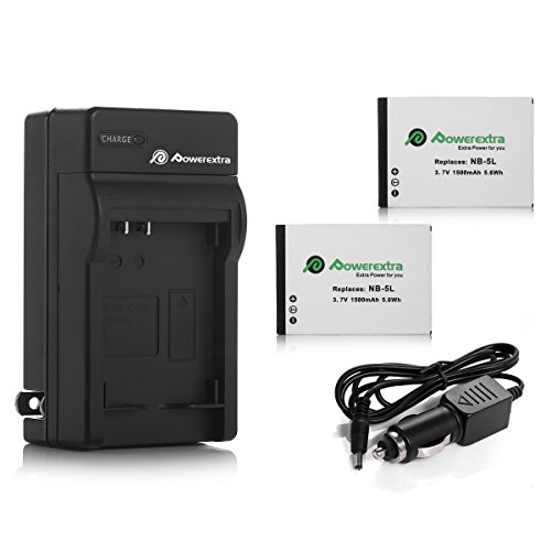 Product Cover Powerextra 2 Pack Replacement Canon NB-5L Battery and Charger Compatible with Canon PowerShot S100, S110, SD790IS, SD850IS, SD870IS, SD880IS, SD890IS, SD970IS, SD990IS, SX200IS, SX210IS, SX220IS