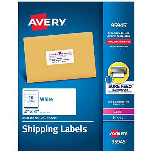 Product Cover Avery Shipping Address Labels, Laser & Inkjet Printers, 2,500 Labels, 2x4 Labels, Permanent Adhesive (95945), White