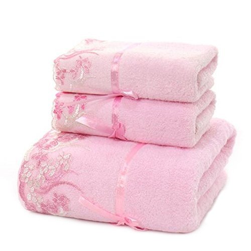 Product Cover USTIDE Pink Lace Bath Towels Set Soft Hand Towels Cotton Face Towels 3 Pieces.