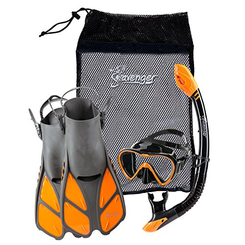 Product Cover Seavenger Diving Dry Top Snorkel Set with Trek Fin, Single Lens Mask and Gear Bag, S/M - Size 4.5 to 8.5, Gray/Black Silicon/Orange