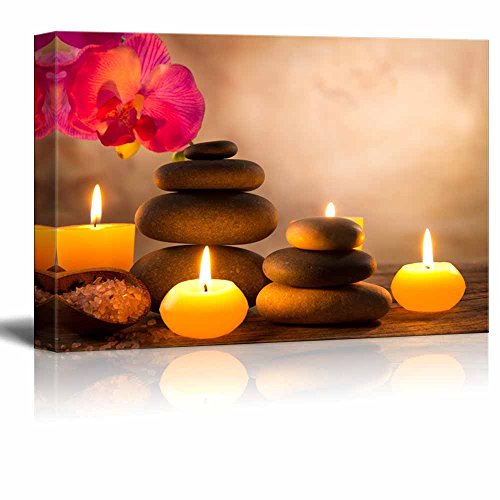 Product Cover Canvas Prints Wall Art - Spa Still Life with Aromatic Candles and Zen Stones | Modern Wall Decor/Home Decoration Stretched Gallery Canvas Wrap Giclee Print & Ready to Hang - 24