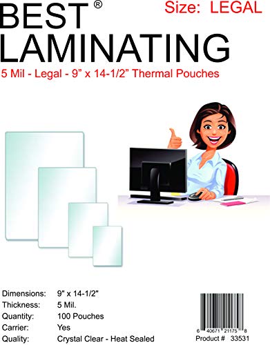 Product Cover Best Laminating® - 5 Mil Clear Legal Size Thermal Laminating Pouches - 9 X 14.5 - Qty 100