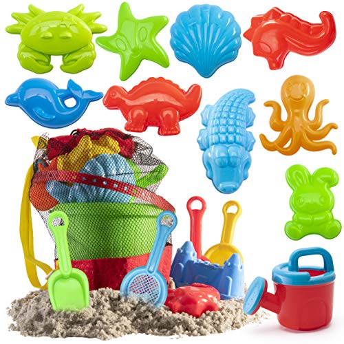 Product Cover Prextex 19 Piece Beach Toys Sand Toys Set, Bucket with Sifter, Shovels, Rakes, Watering Can, Animal and Castle Molds in Drawstring Bag