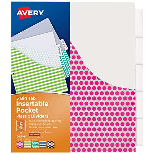 Product Cover Avery 5-Tab Plastic Binder Dividers with Pockets, Insertable Clear Big Tabs, Assorted Designs, 1 Set (7708)